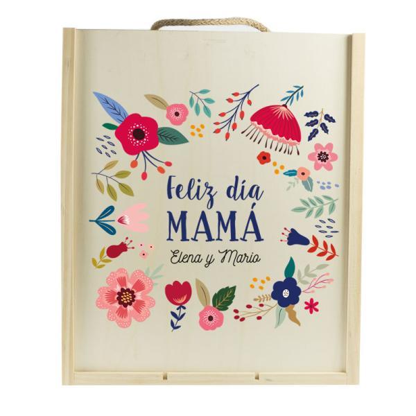 Caja de vino personalizada 'Flores para mamá'