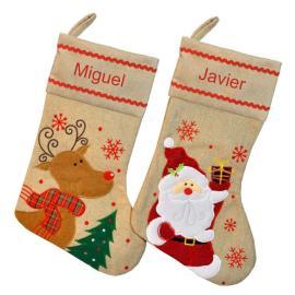 Calcetín Navideño de lino bordado