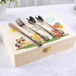Cubiertos infantiles personalizados en caja de madera