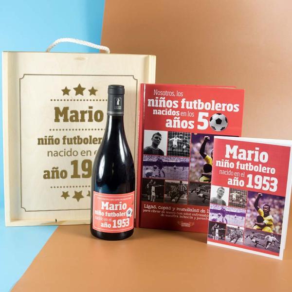 Kit futbolero con libro y botella de vino personalizada