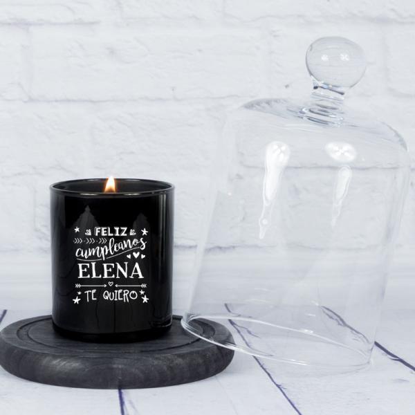 Vela grabada 'Feliz cumpleaños' con campana de cristal