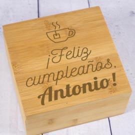 Caja de té grabada para cumpleaños en Bambú Caja de té grabada para cumpleaños en Bambú