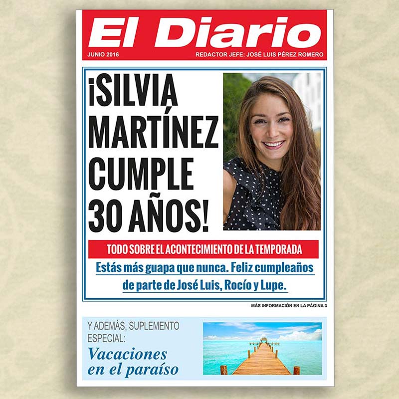 Regalos personalizados: Diseño y decoración: Falsa portada de periódico para cumpleaños