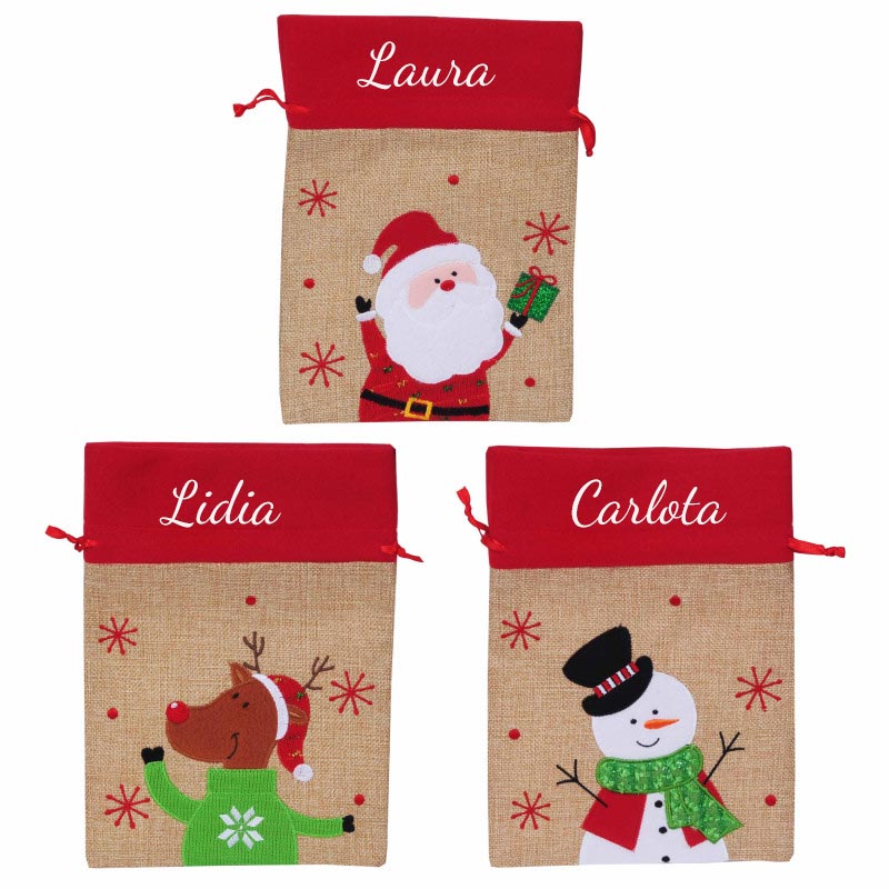 Regalos personalizados: Regalos bordados: Bolsa regalo de Navidad bordada efecto lino