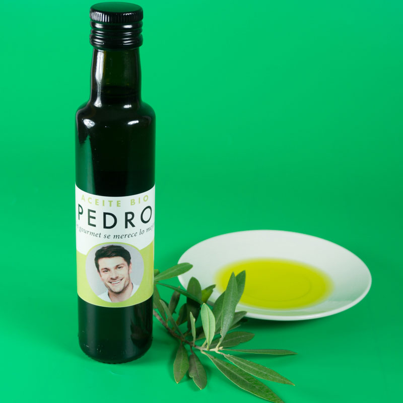 Regalos personalizados: Regalos con nombre: Botella de aceite BIO personalizada con foto