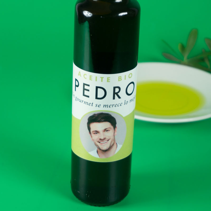 Regalos personalizados: Regalos con nombre: Botella de aceite BIO personalizada con foto