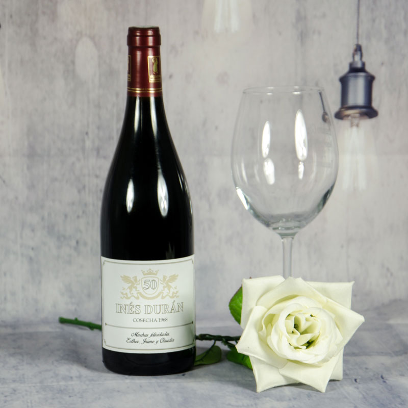 Regalos personalizados: Bebidas personalizadas: Botella de vino para 50 cumpleaños