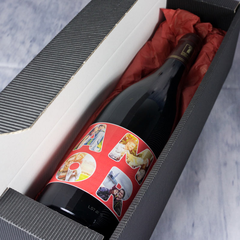 Regalos personalizados: Bebidas personalizadas: Botella de vino AMOR personalizada con fotos