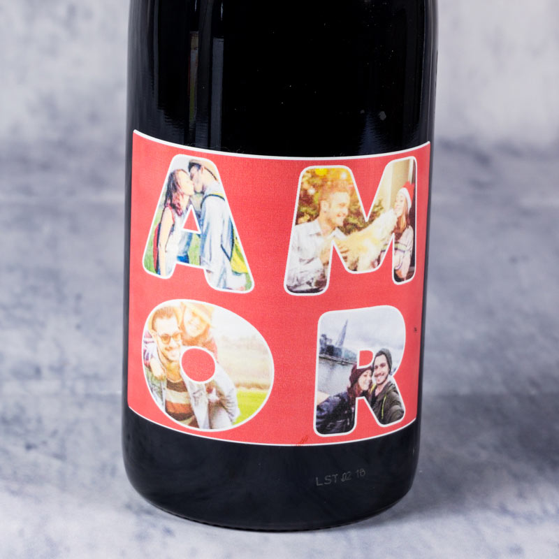 Regalos personalizados: Bebidas personalizadas: Botella de vino AMOR personalizada con fotos