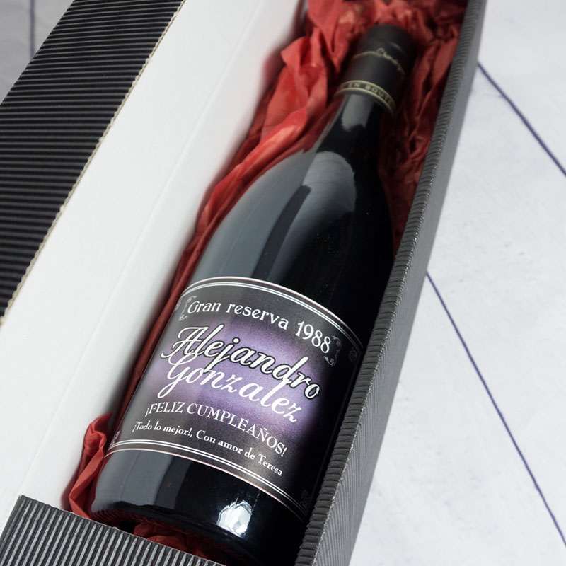 Regalos personalizados: Bebidas personalizadas: Botella de vino BIO con etiqueta Gran Reserva