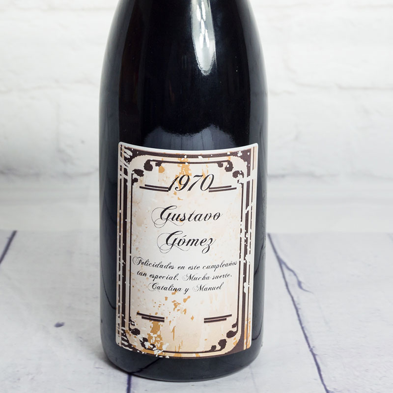 Regalos personalizados: Bebidas personalizadas: Botella de vino BIO con etiqueta vintage