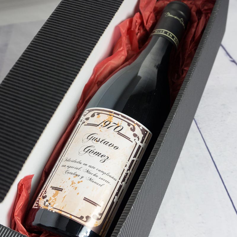 Regalos personalizados: Bebidas personalizadas: Botella de vino BIO con etiqueta vintage