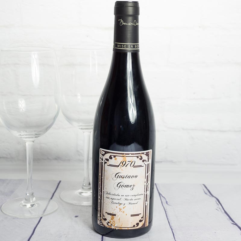 Regalos personalizados: Bebidas personalizadas: Botella de vino BIO con etiqueta vintage