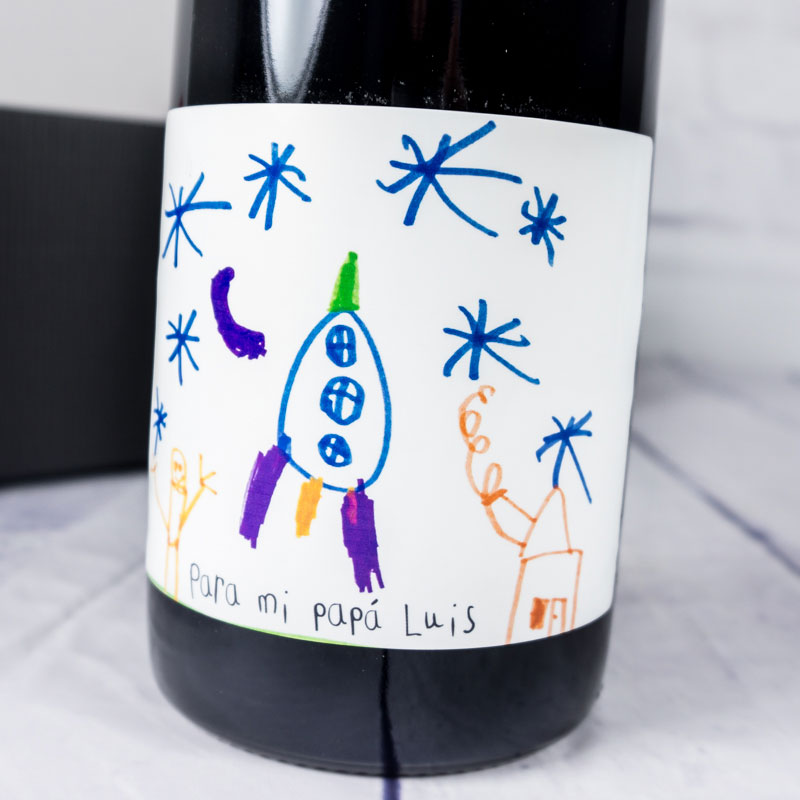 Regalos personalizados: Bebidas personalizadas: Botella de vino con el dibujo de tu hijo