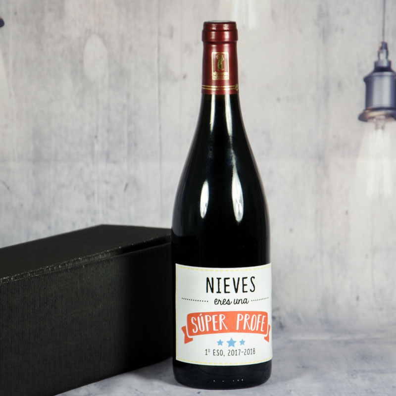 Regalos personalizados: Bebidas personalizadas: Botella de vino para Súper Profe personalizada