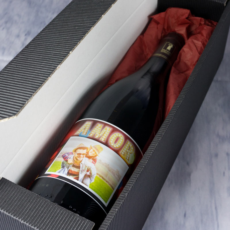 Regalos personalizados: Bebidas personalizadas: Botella de vino personalizada AMOR luminoso