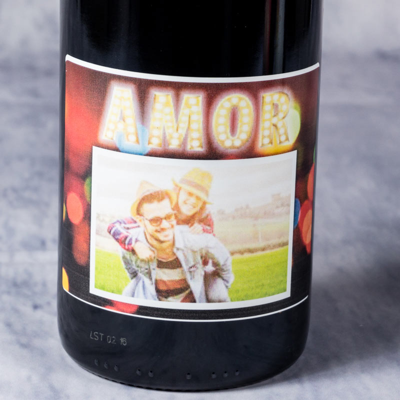 Regalos personalizados: Bebidas personalizadas: Botella de vino personalizada AMOR luminoso