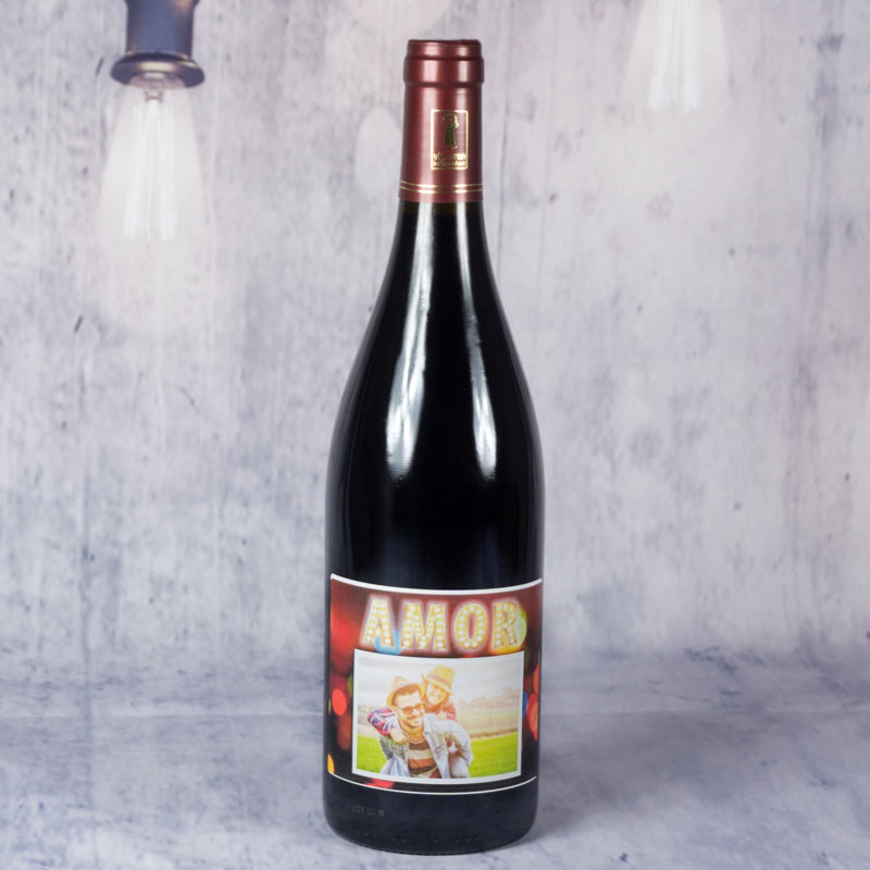 Regalos personalizados: Bebidas personalizadas: Botella de vino personalizada AMOR luminoso