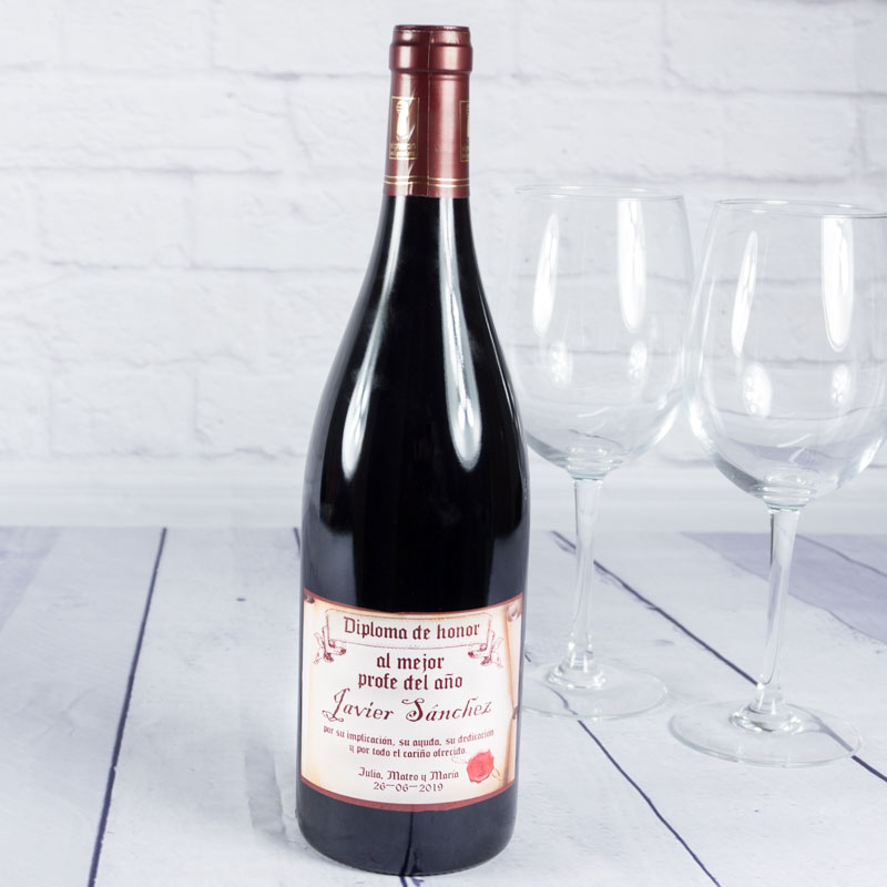 Regalos personalizados: Bebidas personalizadas: Botella de vino personalizada 'Diploma de honor'