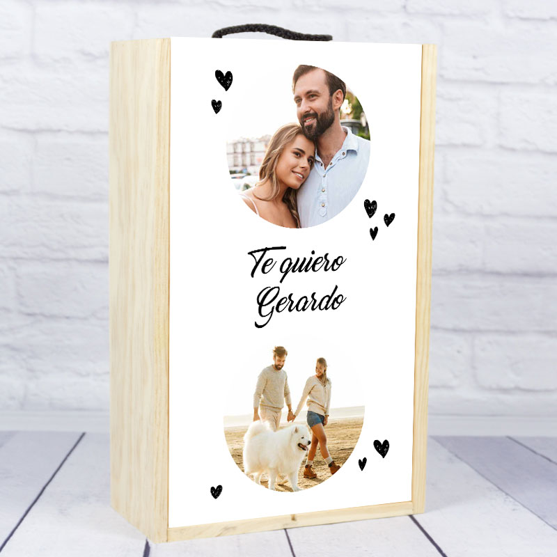 Regalos personalizados: Regalos con fotos: Caja botella de vino personalizada corazones