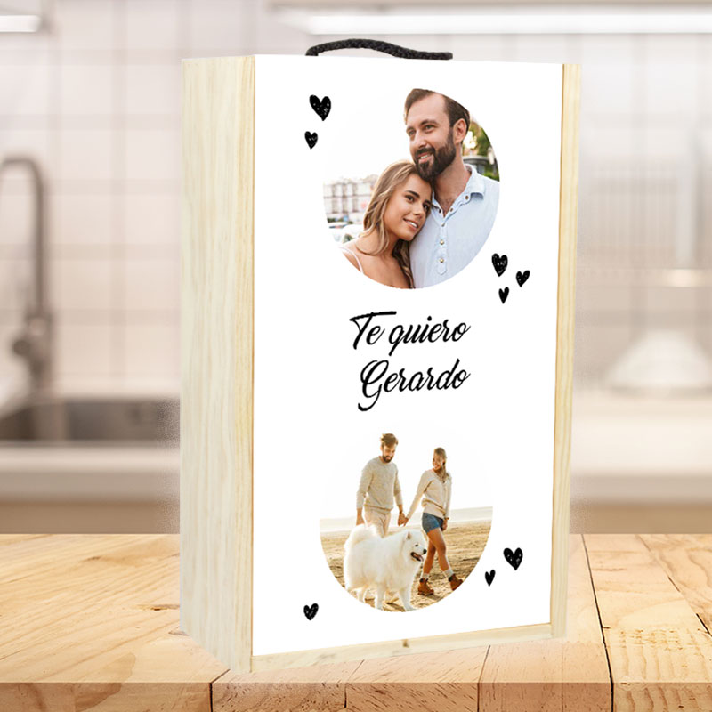 Regalos personalizados: Regalos con fotos: Caja botella de vino personalizada corazones