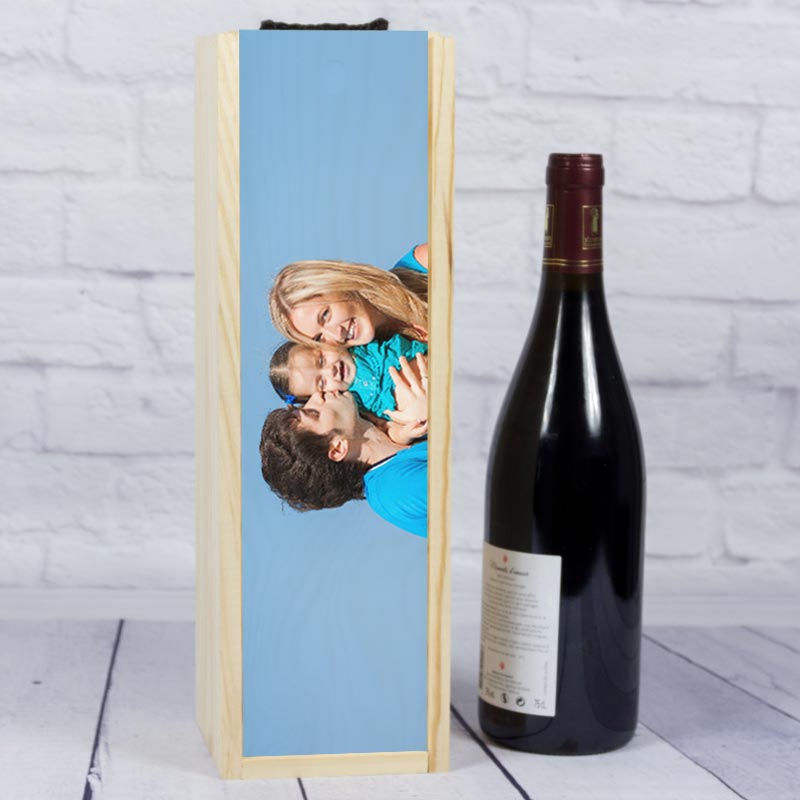 Regalos personalizados: Regalos con fotos: Caja de madera para botella de vino personalizada con foto