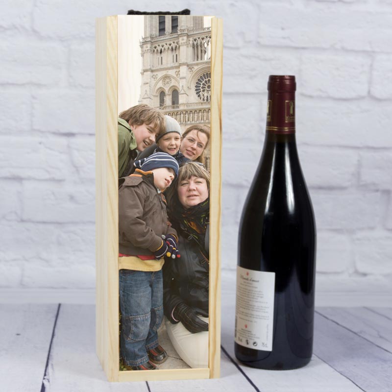 Regalos personalizados: Regalos con fotos: Caja de madera para botella de vino personalizada con foto