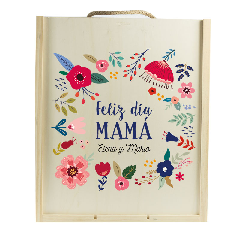 Regalos personalizados: Regalos con nombre: Caja de vino personalizada 'Flores para mamá'