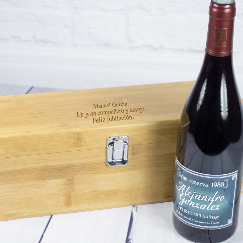 Regalos personalizados: Bebidas personalizadas: Caja sumiller Bambú grabada con vino personalizado