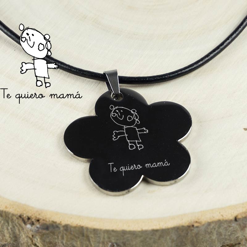 Regalos personalizados: Joyas personalizadas: Colgante flor con el dibujo de tu hijo grabado