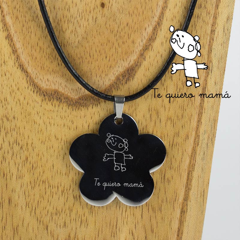 Regalos personalizados: Joyas personalizadas: Colgante flor con el dibujo de tu hijo grabado