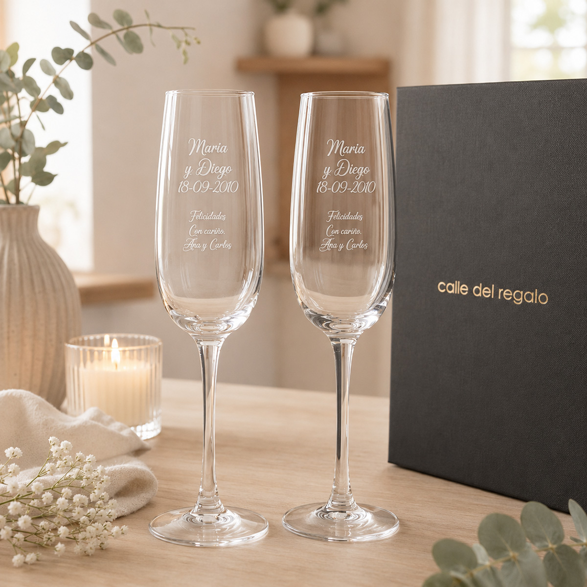 Copas de cava con texto grabado