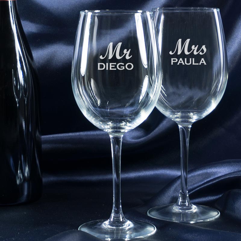 Juego de 2 elegantes copas de champán grabadas para boda, diseño Mr and Mrs  - Vidrio de cristal sin plomo