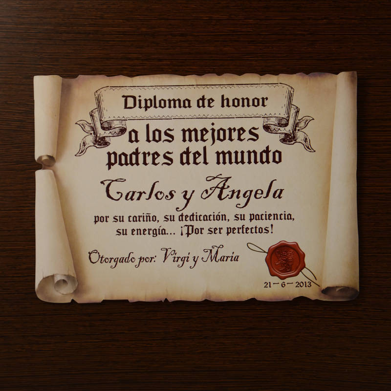 Regalos personalizados: Dise&ntilde;o y decoraci&oacute;n: Diploma pergamino a los mejores padres del mundo