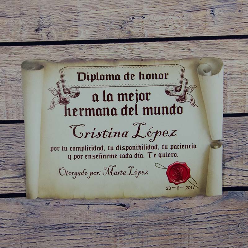 Regalos personalizados: Diseño y decoración: Diploma pergamino a la mejor hermana