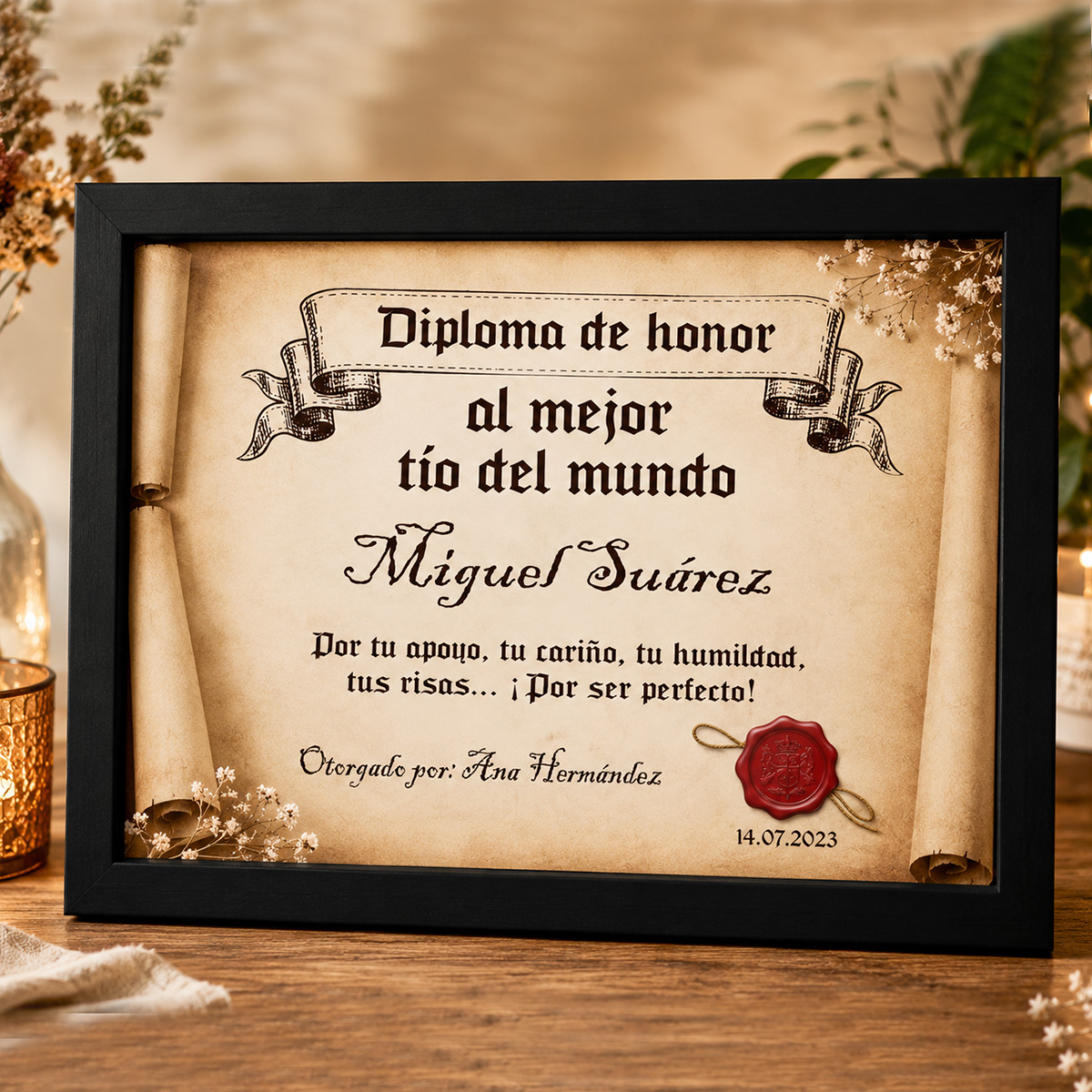 Diploma pergamino al mejor t&iacute;o