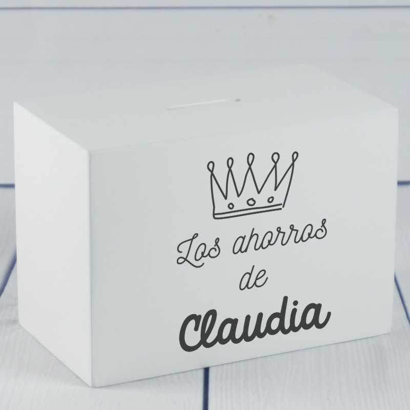 Regalos personalizados: Regalos con nombre: Hucha de madera personalizada corona