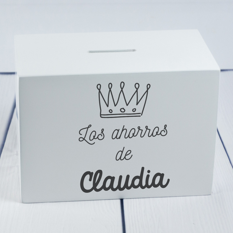 Regalos personalizados: Regalos con nombre: Hucha de madera personalizada corona