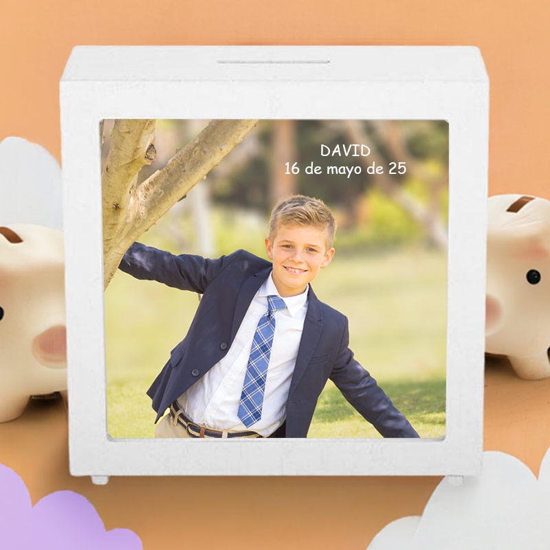 Regalos personalizados: Regalos con fotos: Hucha de madera personalizada para Comunión