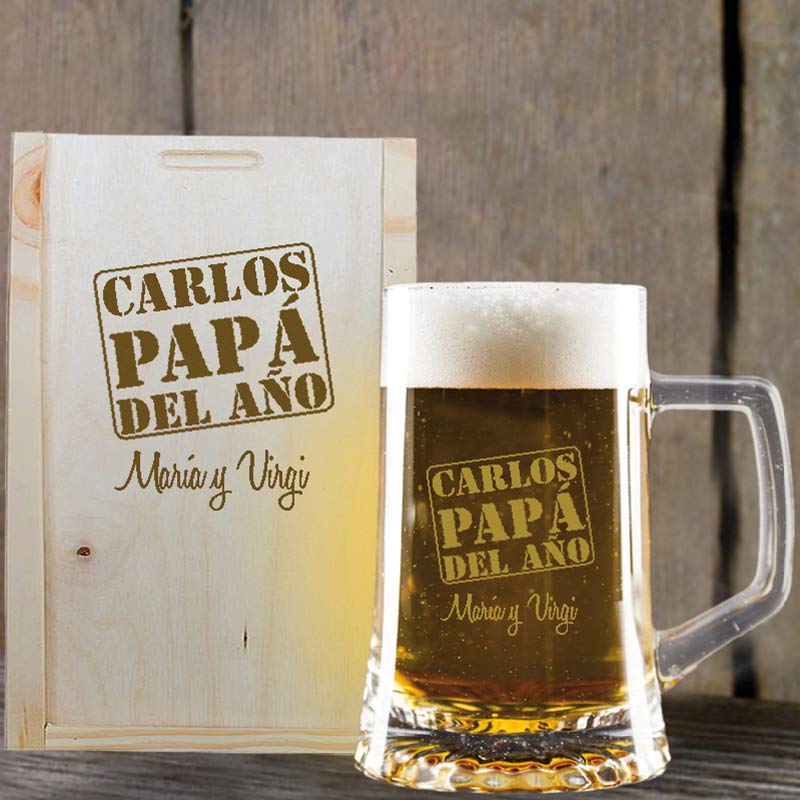 Regalos personalizados: Cristalería personalizada: Jarra de cerveza para el padre del año en estuche