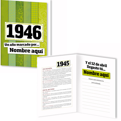 Regalos personalizados: Libros personalizados: Libro años 40 con tarjeta 1946 personalizada
