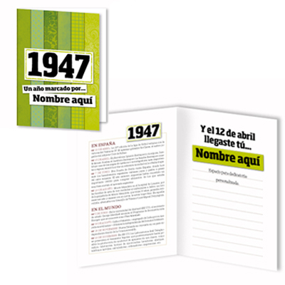 Regalos personalizados: Libros personalizados: Libro años 40 con tarjeta 1947 personalizada
