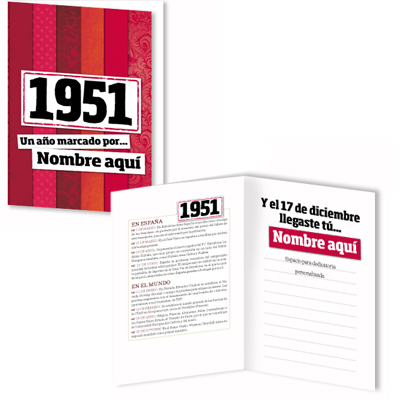 Regalos personalizados: Regalos con nombre: Libro años 50 con tarjeta 1951 personalizada