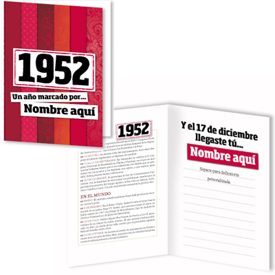 Regalos personalizados: Libros personalizados: Libro años 50 con tarjeta 1952 personalizada