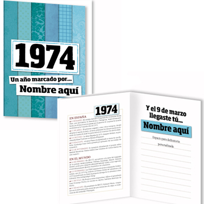 Regalos personalizados: Regalos con nombre: Libro años 70 con tarjeta 1974 personalizada