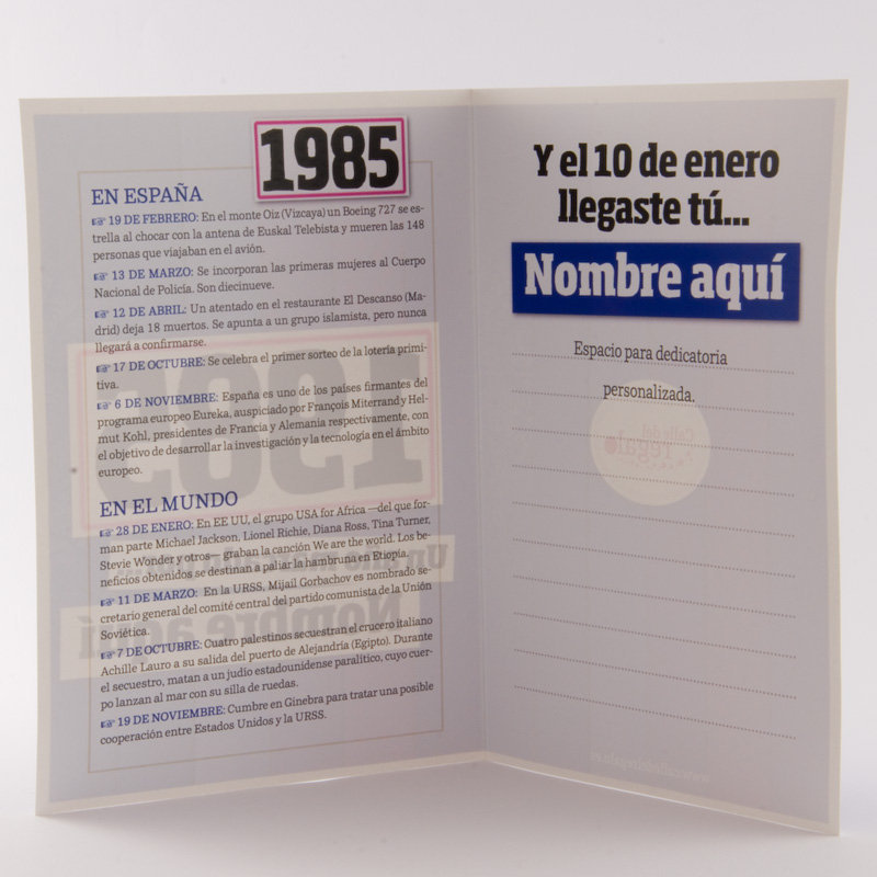 Regalos personalizados: Libros personalizados: Libro años 80 con tarjeta 1985 personalizada