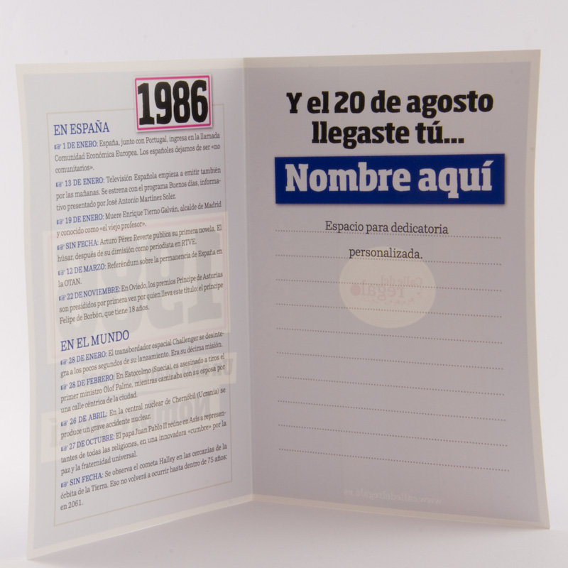 Regalos personalizados: Libros personalizados: Libro años 80 con tarjeta 1986 personalizada