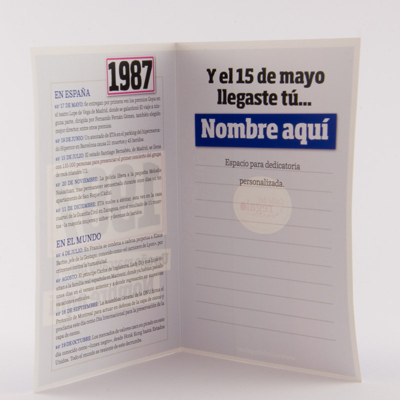 Regalos personalizados: Libros personalizados: Libro años 80 con tarjeta 1987 personalizada