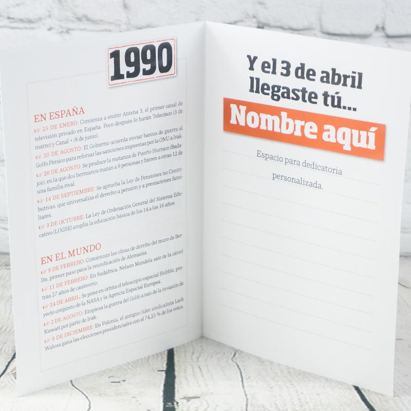 Regalos personalizados: Libros personalizados: Libro años 90 con tarjeta 1990 personalizada