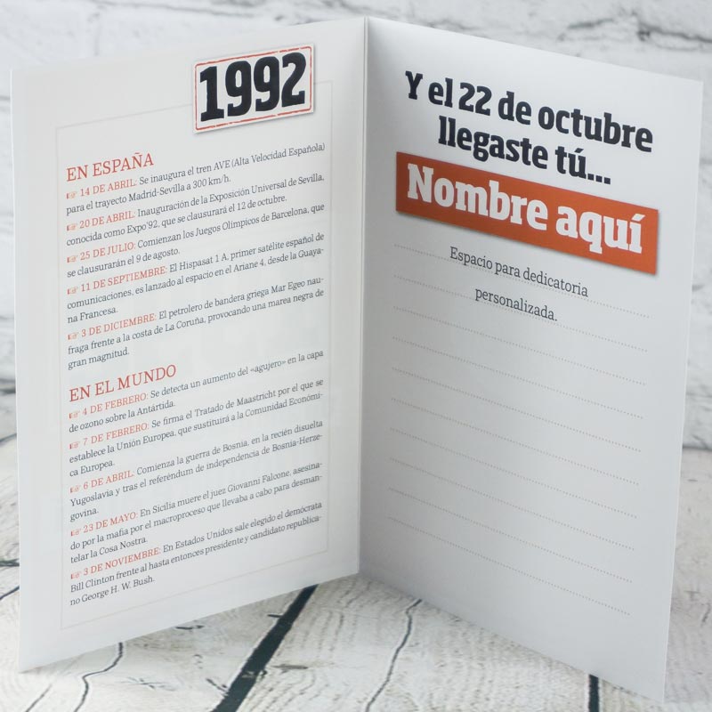 Regalos personalizados: Libros personalizados: Libro años 90 con tarjeta 1992 personalizada